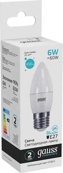 Лампа Gauss Elementary Свеча 6W 450lm 4100K Е27 / 33226