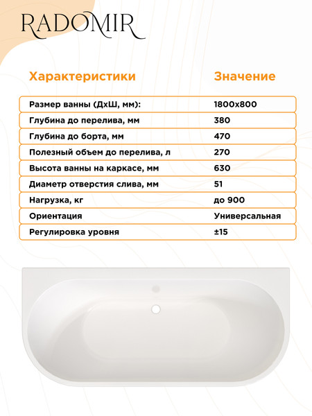 Ванна акриловая Radomir Вальс Макси 180x80 / 1-01-0-0-1-188