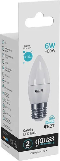 Лампа Gauss Elementary Свеча 6W 450lm 4100K Е27 / 33226