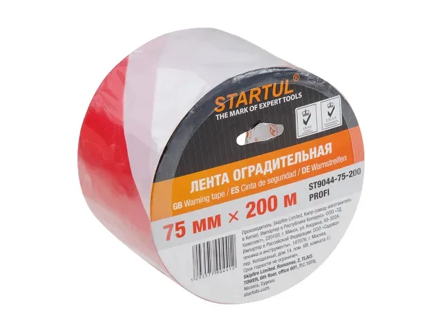 Лента сигнальная оградительная 75 мм х 200 м красно-белая startul profi