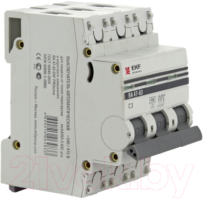 Выключатель автоматический EKF ВА 47-63 3P 10А (C) 4.5kA PROxima / mcb4763-3-10C-pro