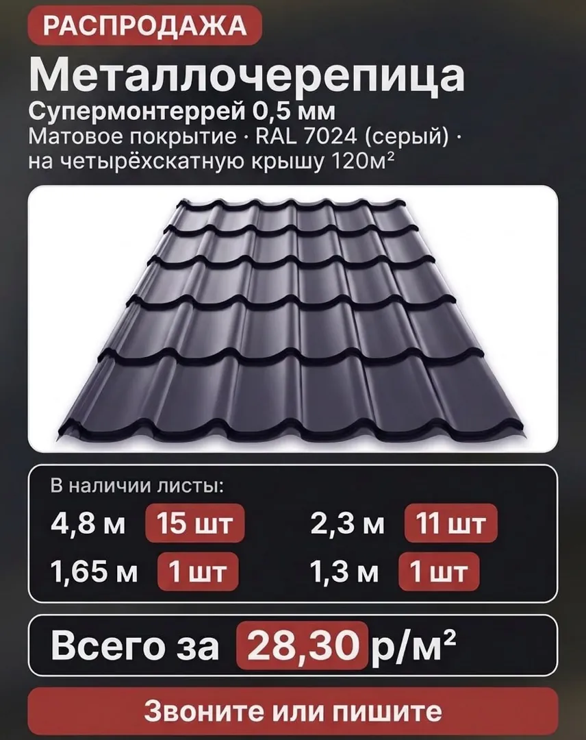 Готовый комплект металлочерепицы 0,5 мм цвета графит