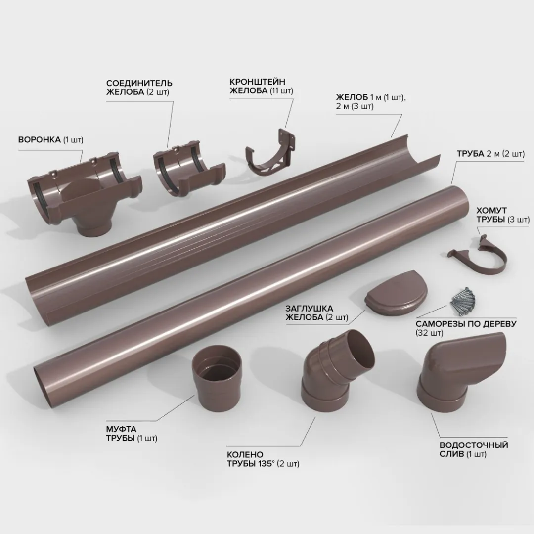 Комплект водосточной системы ТЕХНОНИКОЛЬ Оптима 120/80 для ската 6 м, коричневый